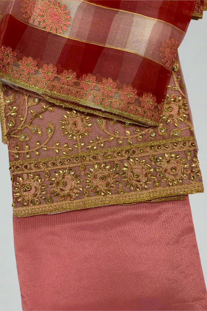 D101 Gold Embroidery Organza 4pc Unstitched Party Suit