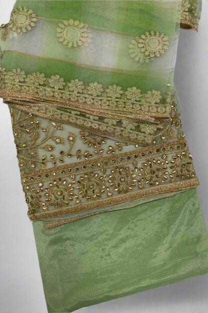 D101 Gold Embroidery Organza 4pc Unstitched Party Suit