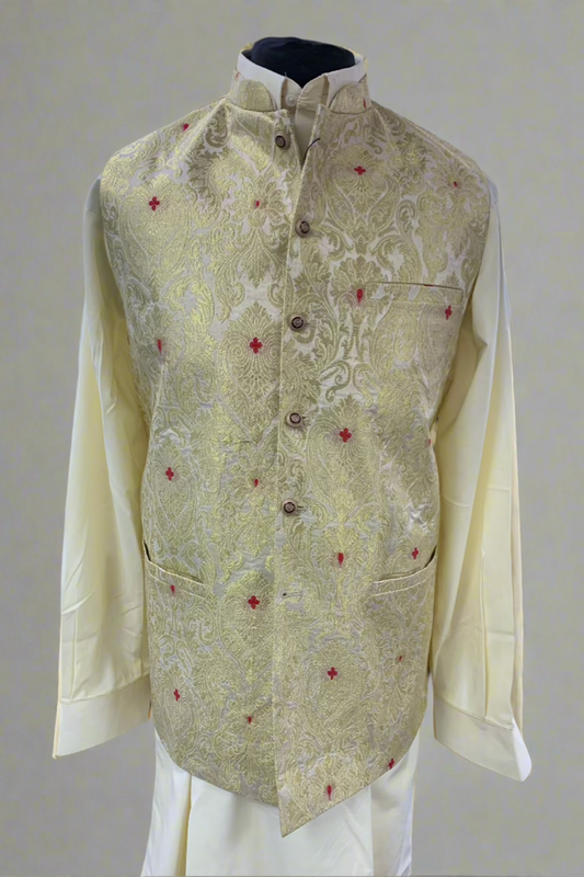 MW4 Men's Fashion Gold Zari Banarsi Waistcoat