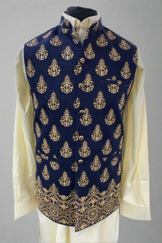 MW6 Men's Fashion Navy Blue Embroidered Banarsi Waistcoat