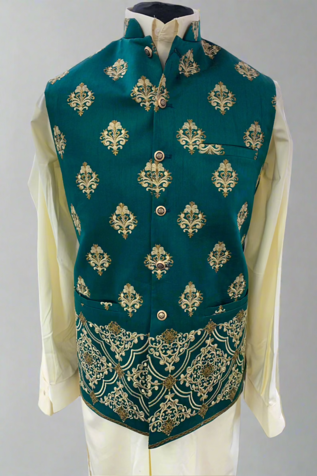 MW5 Men's Fashion Teal Green Embroidered Banarsi Waistcoat