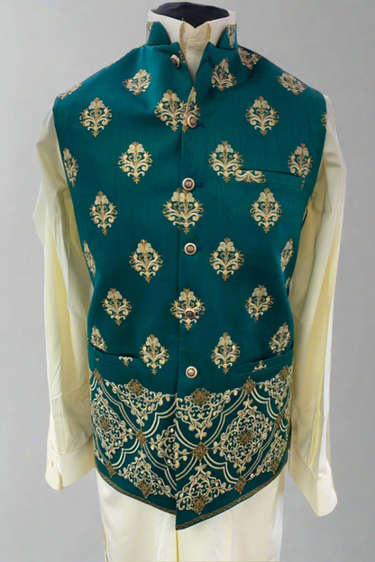 MW5 Men's Fashion Teal Green Embroidered Banarsi Waistcoat