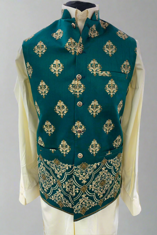 MW5 Men's Fashion Teal Green Embroidered Banarsi Waistcoat