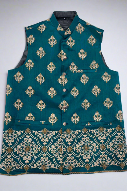 MW5 Men's Fashion Teal Green Embroidered Banarsi Waistcoat