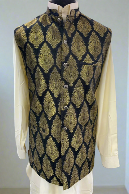 MW1 Gold Zari Men's Fashion Banarsi Waistcoat