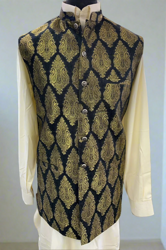 MW1 Gold Zari Men's Fashion Banarsi Waistcoat