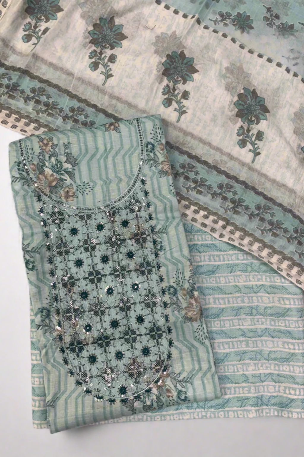 9924 Floral Print Embroidery Neckline Cotton 3pc Unstitched Suit