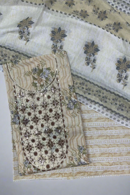 9924 Floral Print Embroidery Neckline Cotton 3pc Unstitched Suit