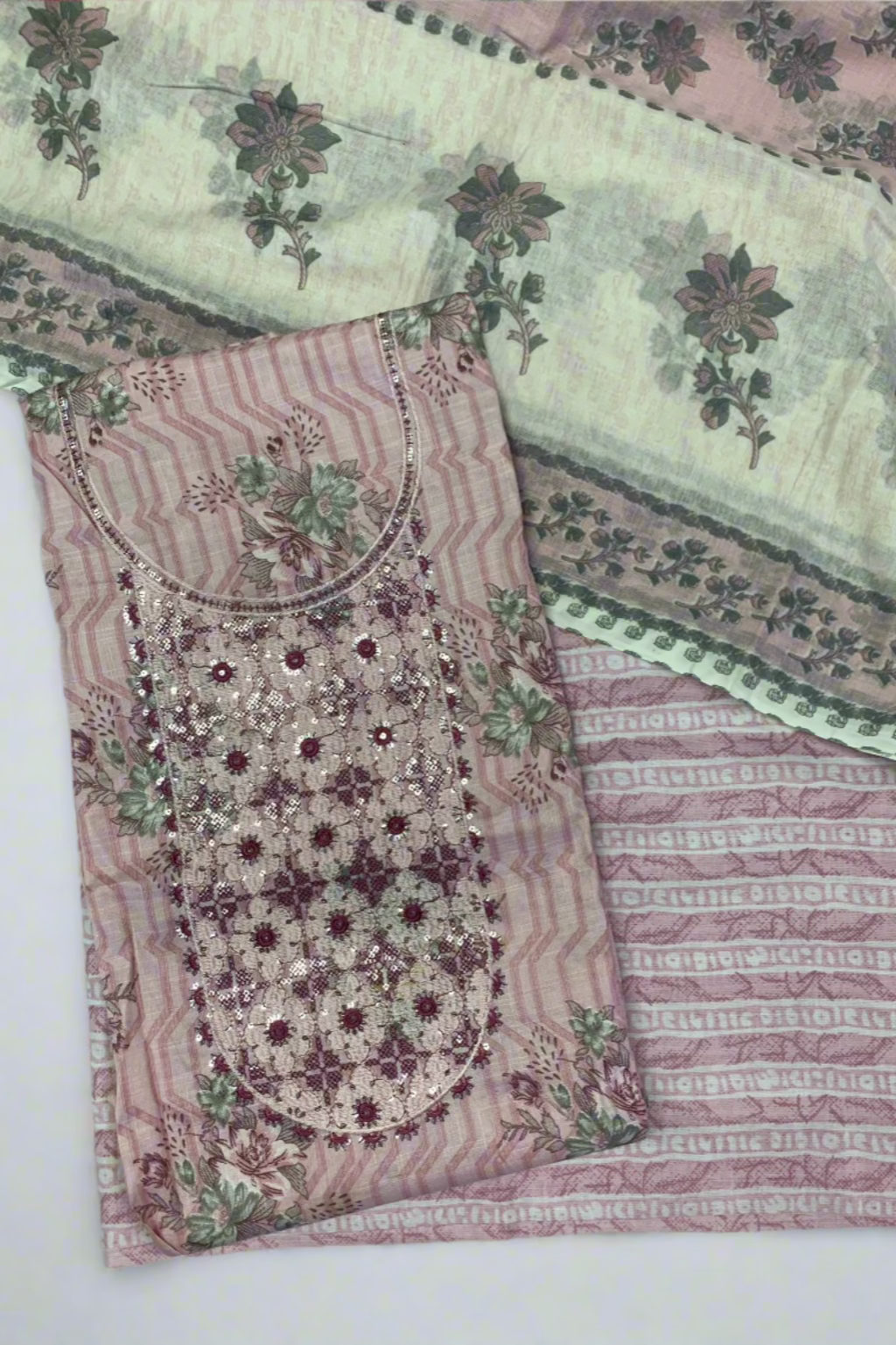9924 Floral Print Embroidery Neckline Cotton 3pc Unstitched Suit