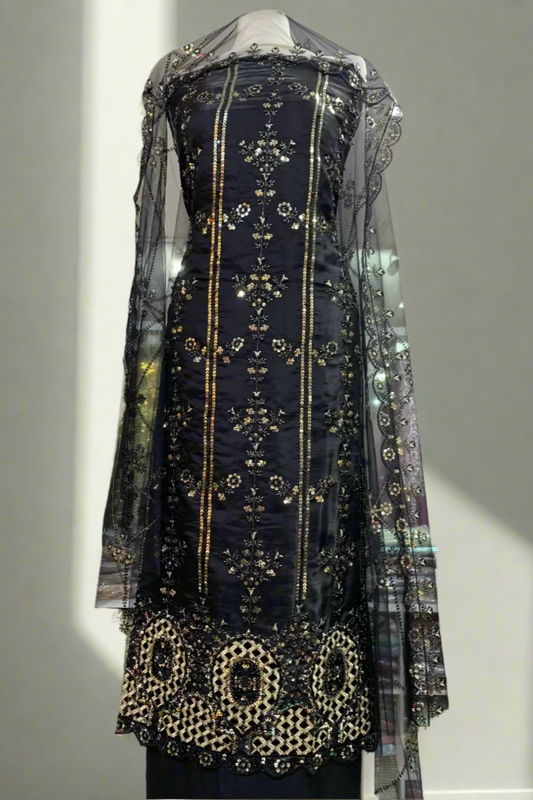 1801 Embroidered 4pc Organza Suit with Sequins & Pearls
