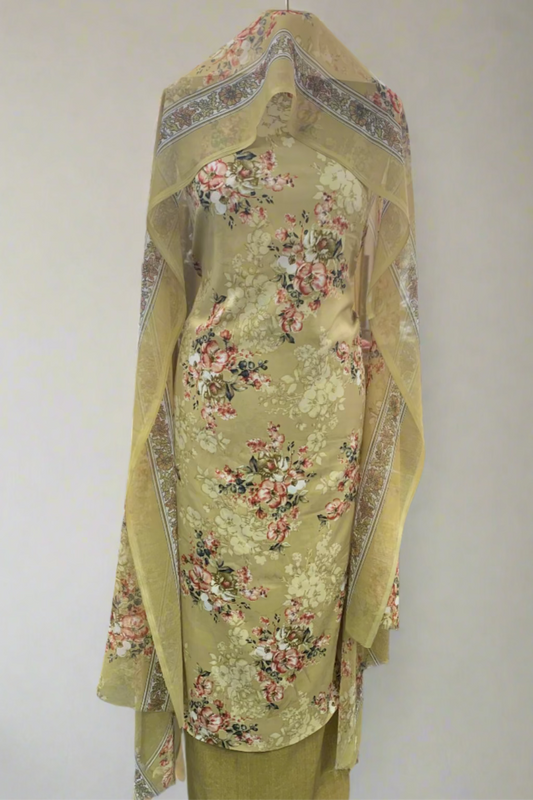 D122 Flower Bunch Print 3pc Unstitched Crepe Suit