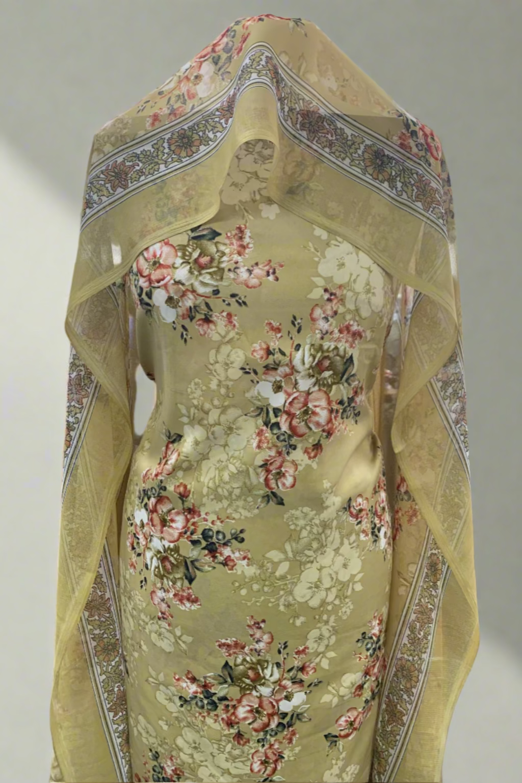 D122 Flower Bunch Print 3pc Unstitched Crepe Suit