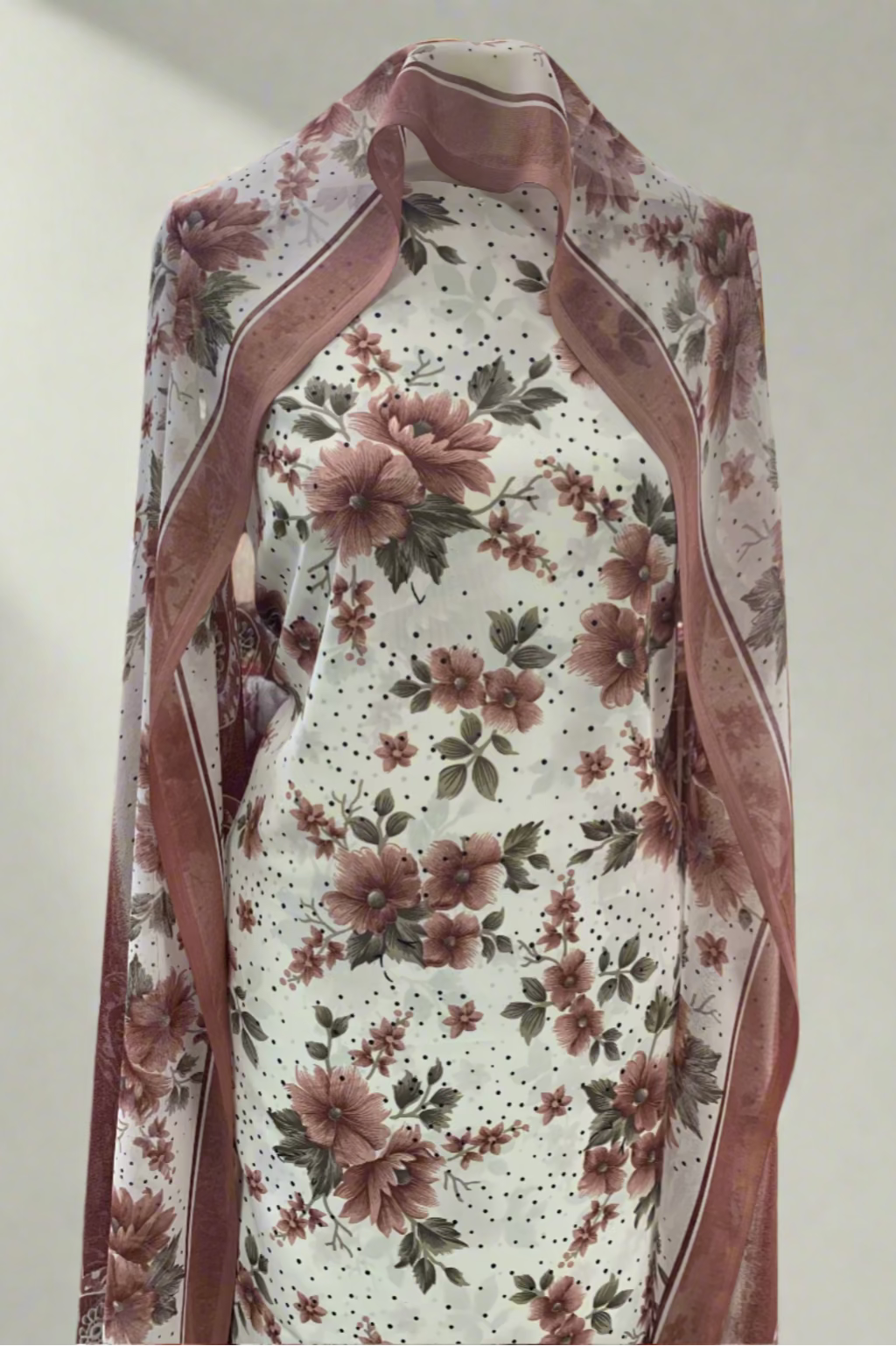 Floral dress with pink accents on a mannequin in a store setting