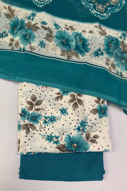 Teal fabric with floral pattern on a white background
