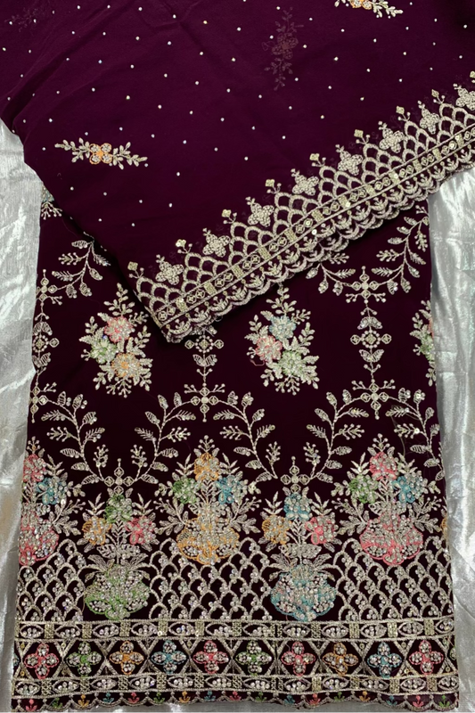 P2 Embroidery 4pc Chiffon Party Suit with Diamante Detail