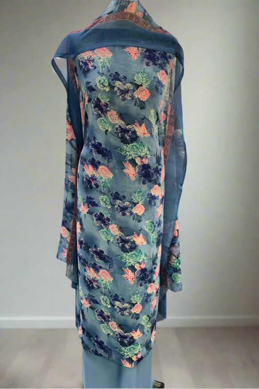 327 Flower Print 4pc Unstitched Chiffon Suit