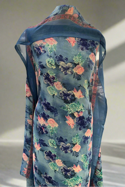 327 Flower Print 4pc Unstitched Chiffon Suit