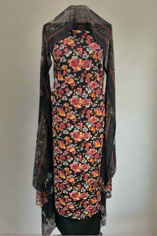 331 Flower Print 3pc Unstitched Crepe Suit