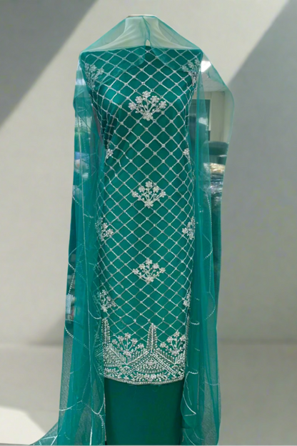 1059 Silver Embroidery & Diamante 4pc Net Suit