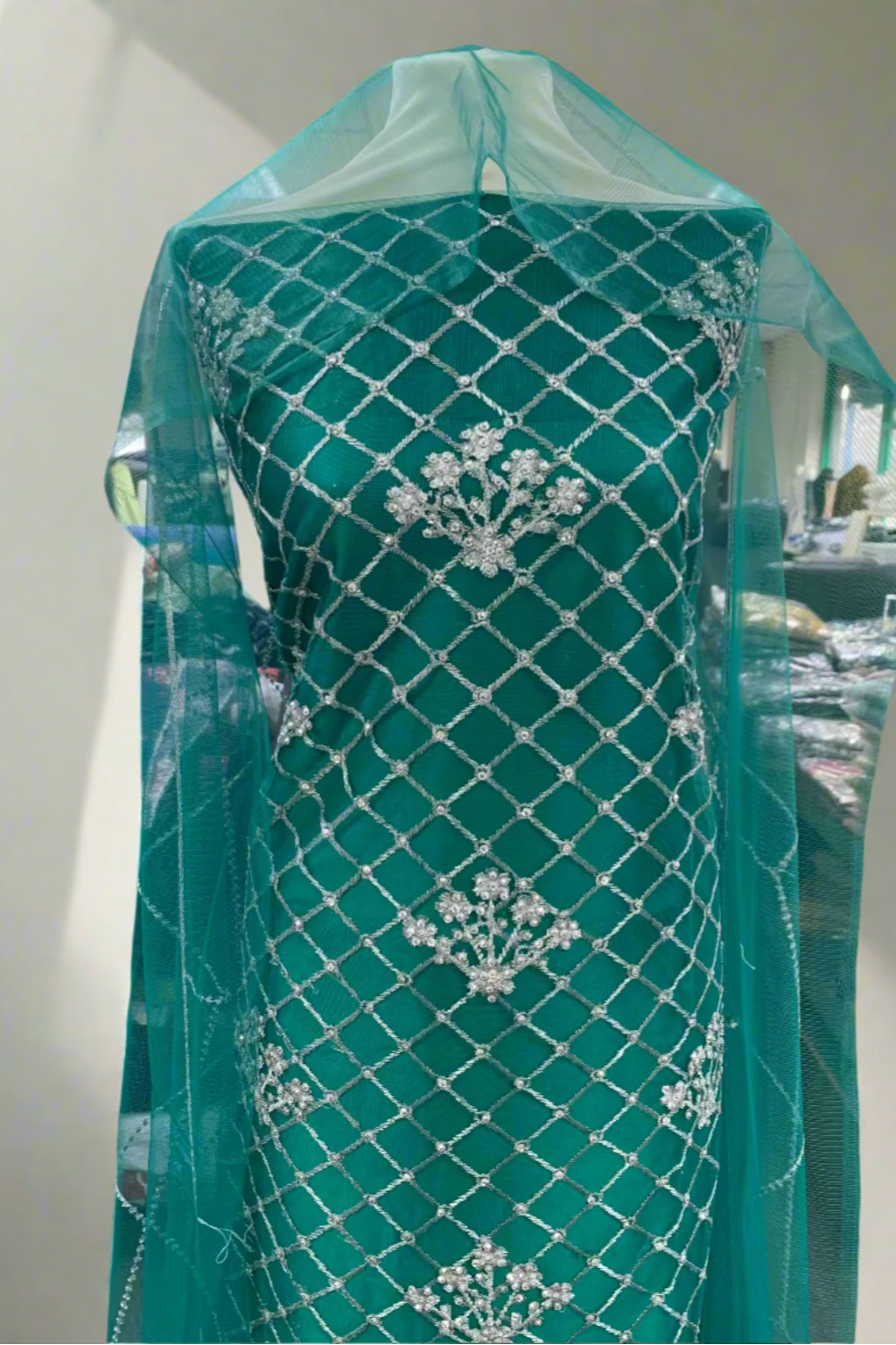 1059 Silver Embroidery & Diamante 4pc Net Suit