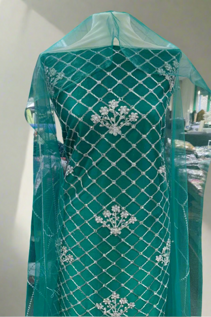 1059 Silver Embroidery & Diamante 4pc Net Suit