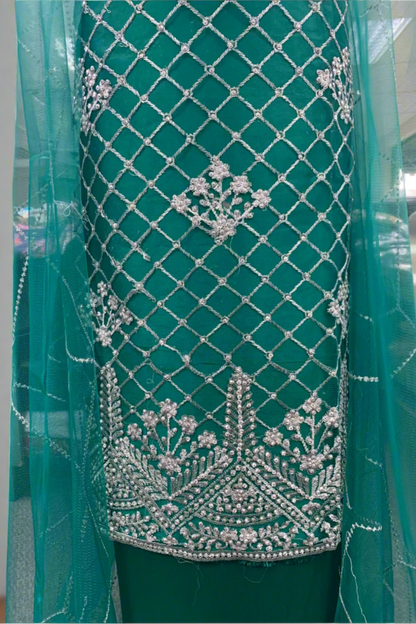 1059 Silver Embroidery & Diamante 4pc Net Suit