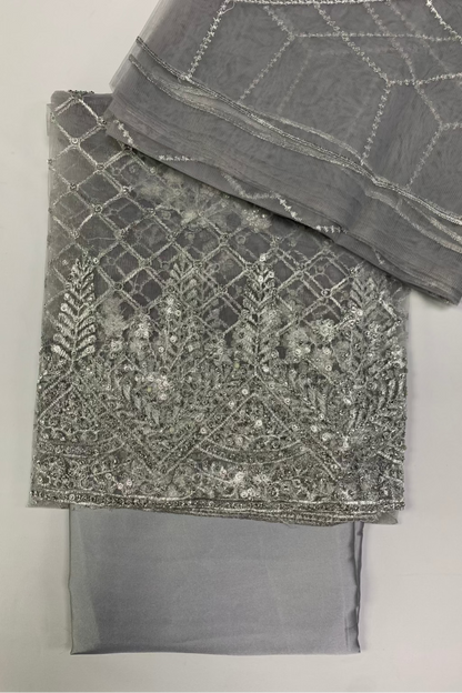 1059 Silver Embroidery & Diamante 4pc Net Suit