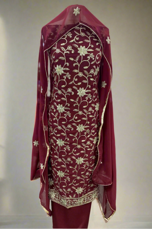 1708 Gold Floral Embroidery Chiffon 4pc Unstitched Party Suit