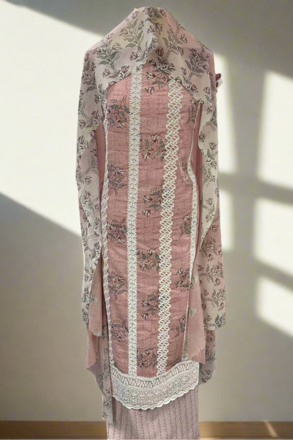 13051 Flower Print 3pc Cotton Suit with Embroidery Border