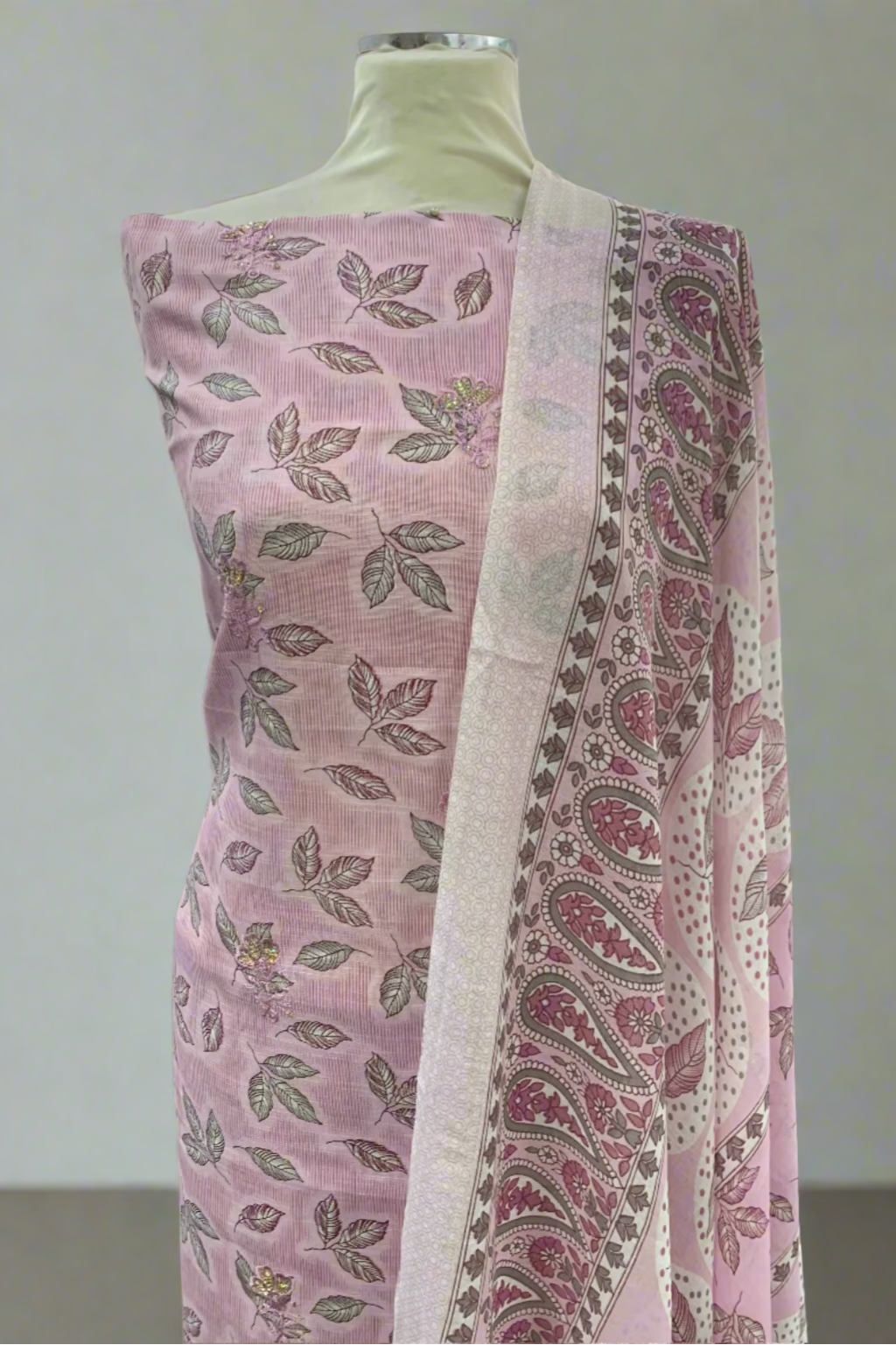 13283 Leaf Print 3pc Cotton Suit with Embroidery Border