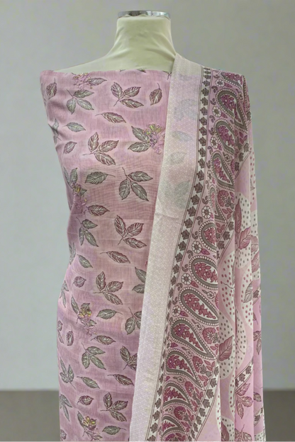13283 Leaf Print 3pc Cotton Suit with Embroidery Border
