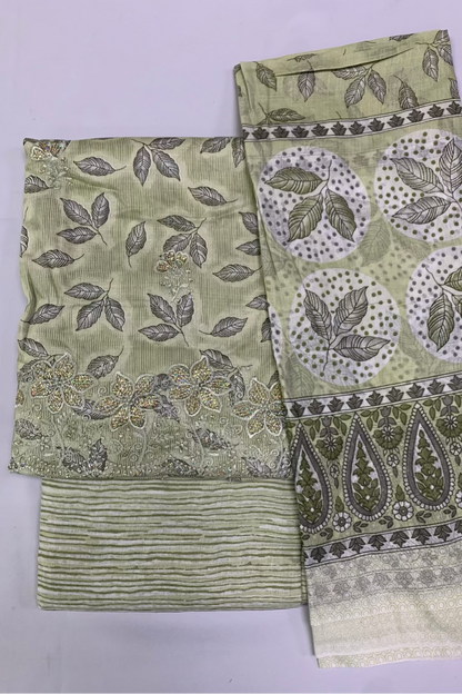 13283 Leaf Print 3pc Cotton Suit with Embroidery Border