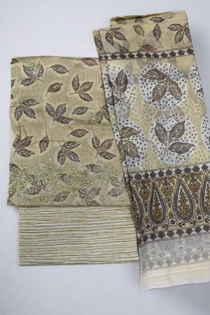 13283 Leaf Print 3pc Cotton Suit with Embroidery Border