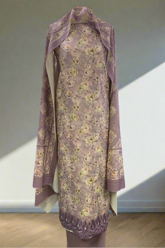149 Flower Print 3pc Warm Alpine Unstitched Suit with Embroidery Border