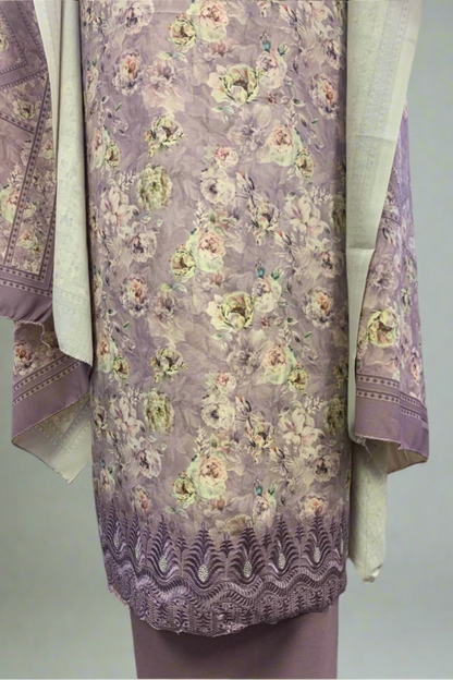 149 Flower Print 3pc Warm Alpine Unstitched Suit with Embroidery Border