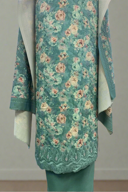 149 Flower Print 3pc Warm Alpine Unstitched Suit with Embroidery Border