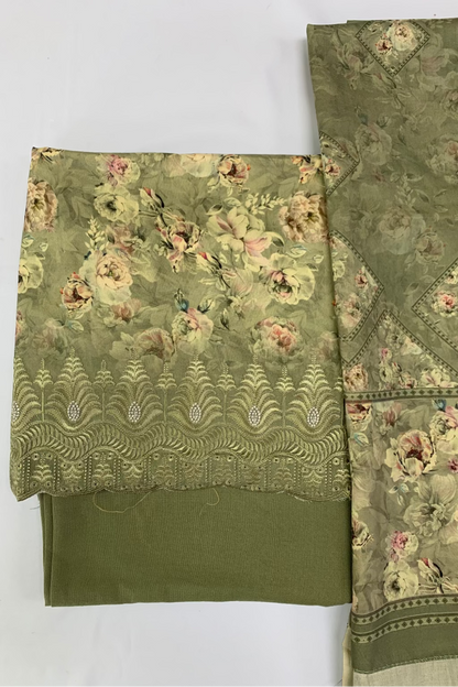 149 Flower Print 3pc Warm Alpine Unstitched Suit with Embroidery Border