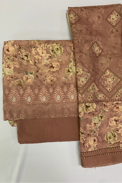 149 Flower Print 3pc Warm Alpine Unstitched Suit with Embroidery Border