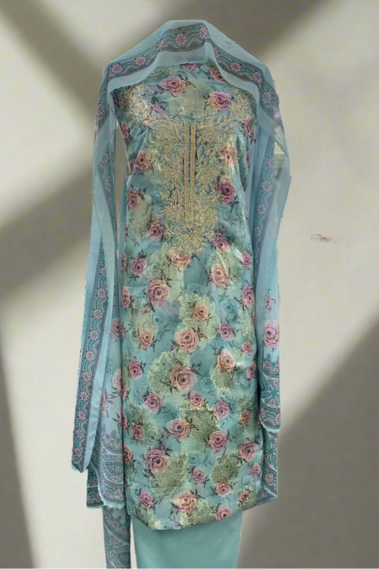 695 Gold Embroidery Floral Print 4pc Unstitched Chiffon Suit
