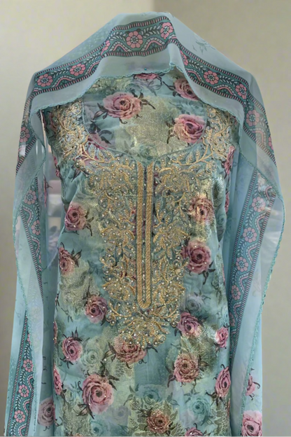 695 Gold Embroidery Floral Print 4pc Unstitched Chiffon Suit