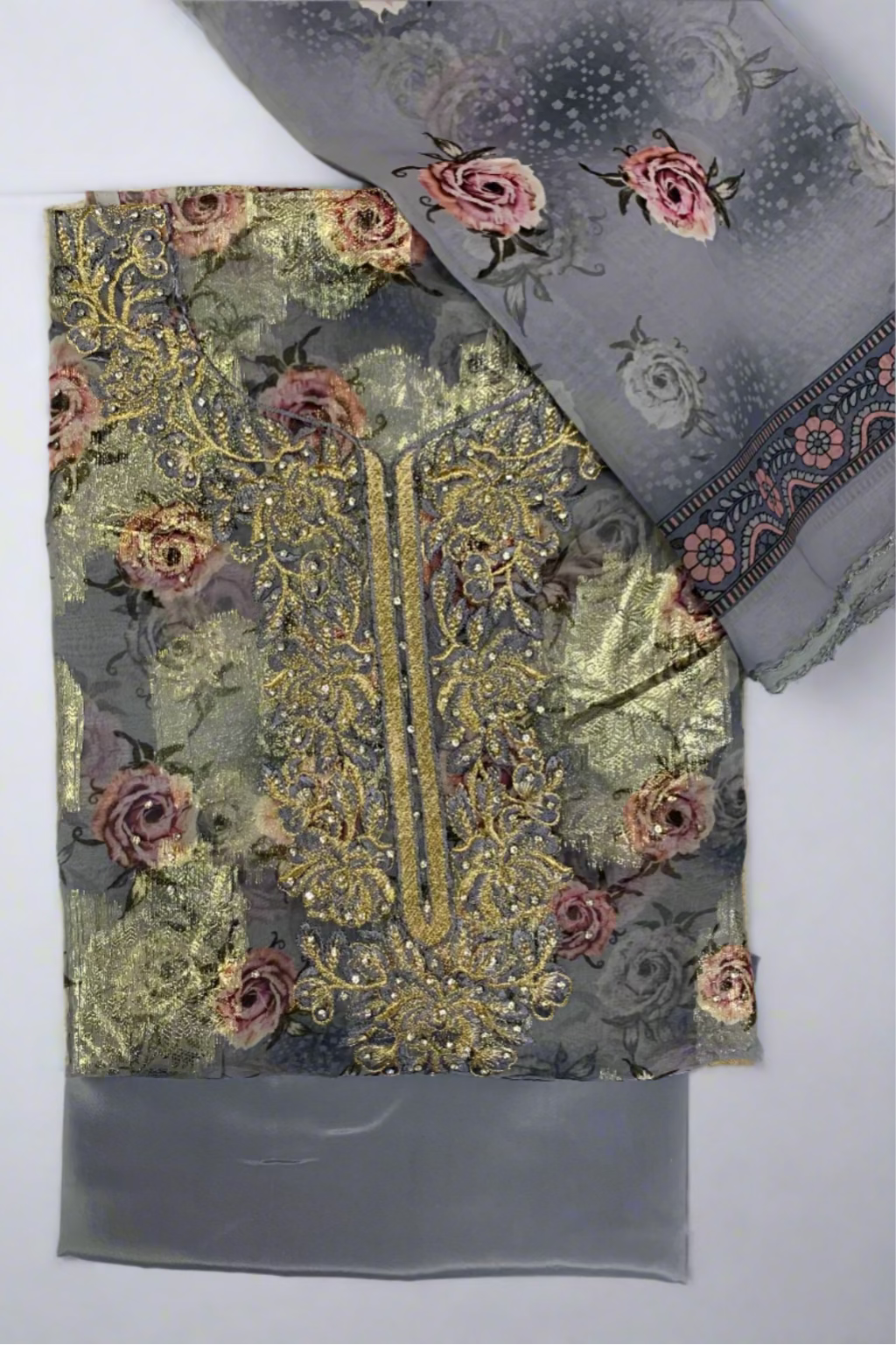 695 Gold Embroidery Floral Print 4pc Unstitched Chiffon Suit