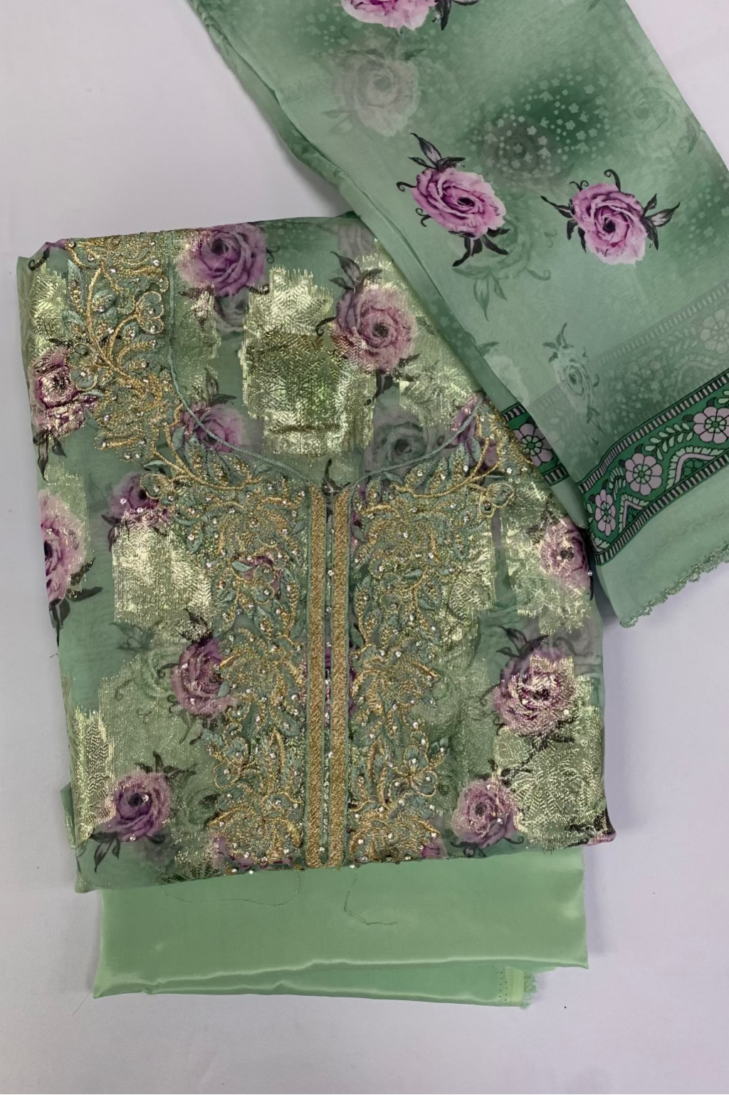 695 Gold Embroidery Floral Print 4pc Unstitched Chiffon Suit