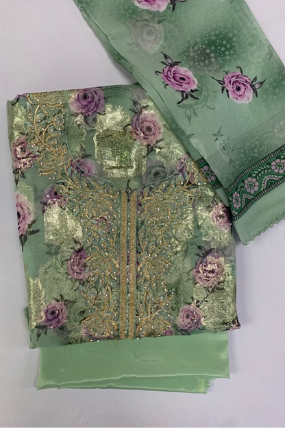 695 Gold Embroidery Floral Print 4pc Unstitched Chiffon Suit
