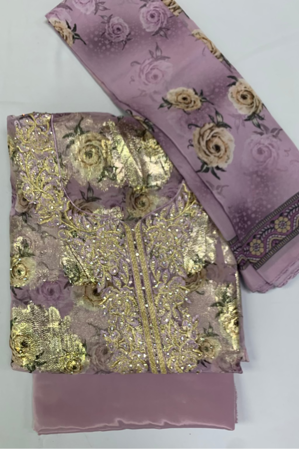 695 Gold Embroidery Floral Print 4pc Unstitched Chiffon Suit