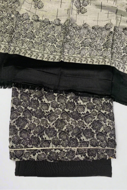 187 Flower Print 3pc Warm Alpine Unstitched Suit with Piped Border