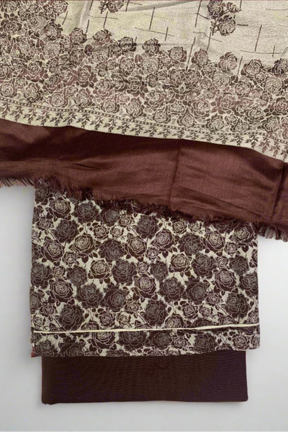 187 Flower Print 3pc Warm Alpine Unstitched Suit with Piped Border