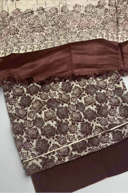 187 Flower Print 3pc Warm Alpine Unstitched Suit with Piped Border