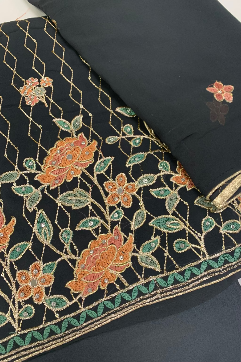 2035 Floral Embroidery 4pc Unstitched Chiffon Suit with Embellishments