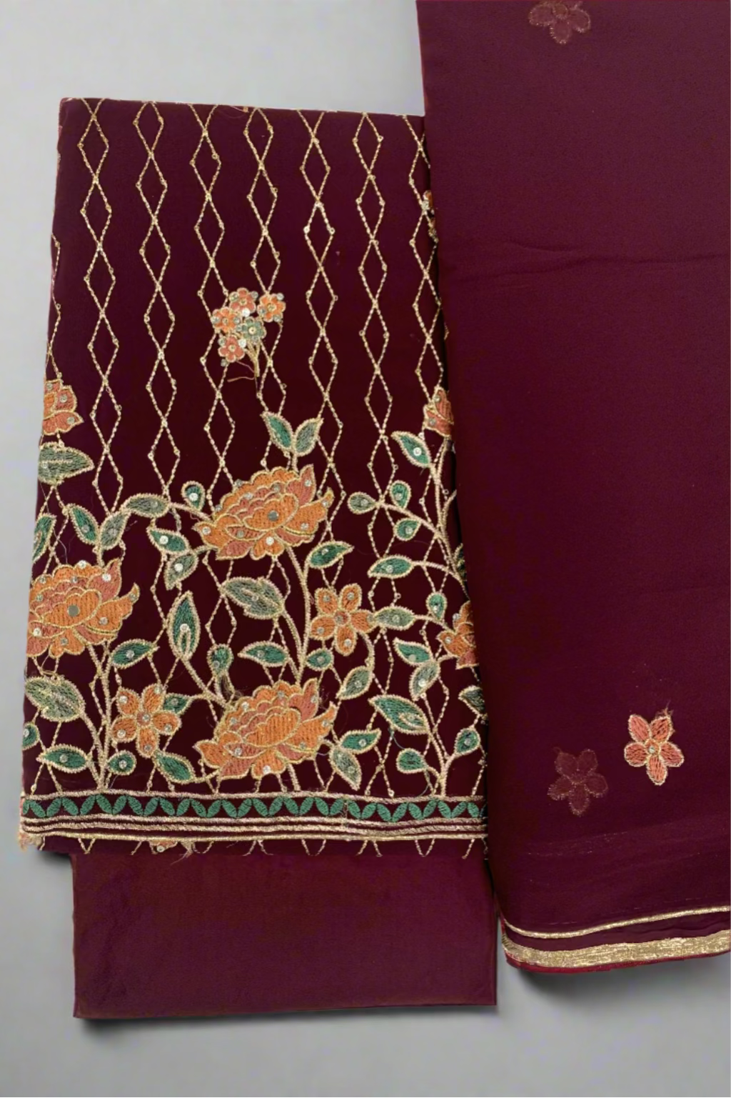 2035 Floral Embroidery 4pc Unstitched Chiffon Suit with Embellishments
