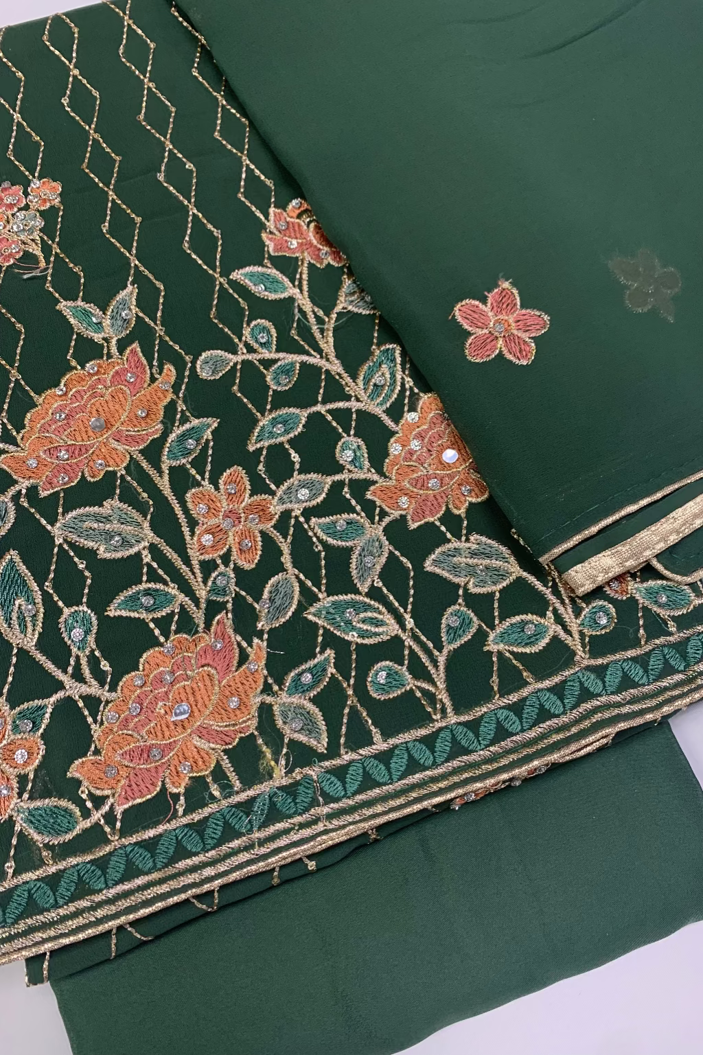 2035 Floral Embroidery 4pc Unstitched Chiffon Suit with Embellishments